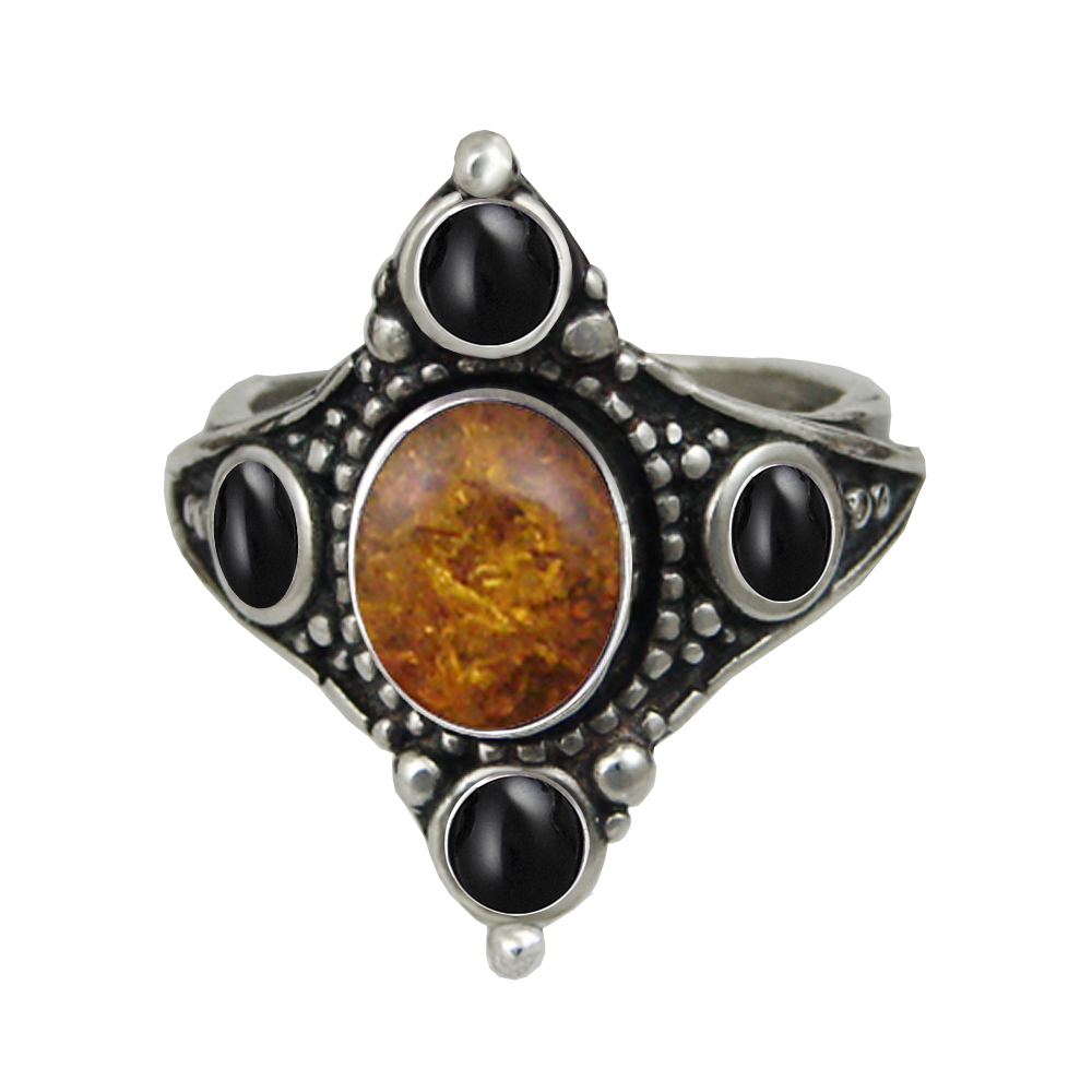 Sterling Silver Renaissance Queen's Ring With Amber And Black Onyx Size 10